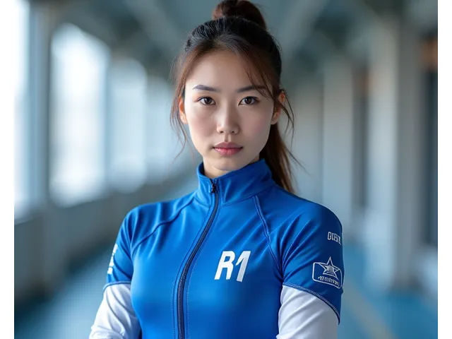 역동적인 포즈로 한빛스포츠다이내믹스 유니폼을 입고 서 있는 올림픽 금메달리스트 양궁 선수 김지수 선수