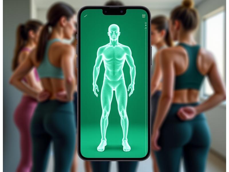 3D 바디 스캔 기술로 신체 치수를 측정하는 모바일 앱 인터페이스와 함께 다양한 체형의 사람들이 사이즈 가이드를 확인하는 모습