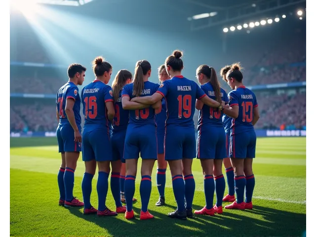 경기장에서 한빛스포츠다이내믹스 로고가 새겨진 팀 유니폼을 착용한 축구팀 선수들이 협력하는 모습