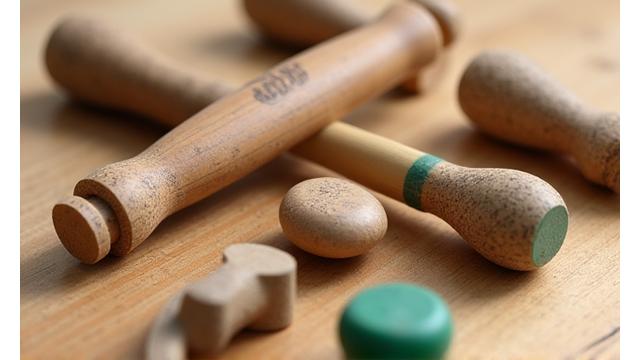 대나무, 코르크 등 천연 소재로 만들어진 스포츠 장비의 클로즈업 사진
