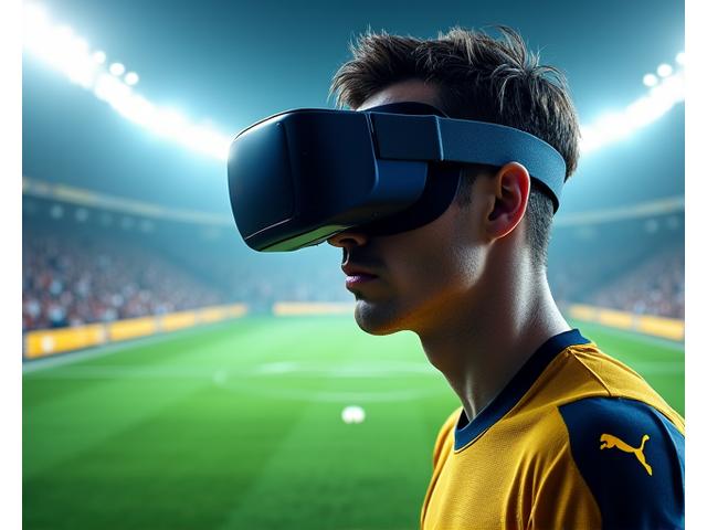 VR 헤드셋을 착용하고 가상현실 축구 경기장에서 훈련하는 운동선수