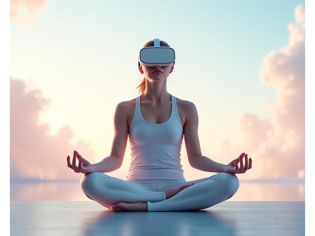 VR 헤드셋을 착용하고 명상하는 운동선수, 평온한 가상 환경이 배경